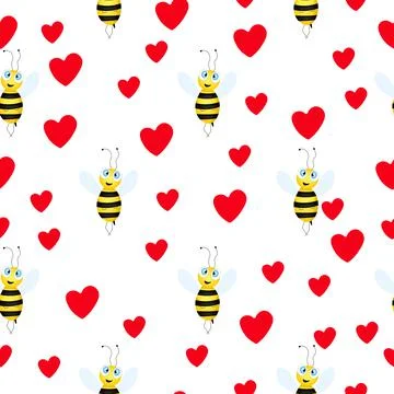 Seamless pattern with bees and hearts on white background. Small wasp. Vector Illustrazione stock