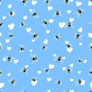 Seamless pattern with bees and hearts on color background. Small wasp. Vector Illustrazione stock