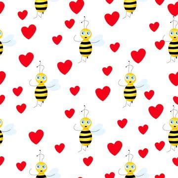 Seamless pattern with bees and hearts on white background. Small wasp. Vector 库存插图