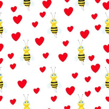Seamless pattern with bees and hearts on white background. Small wasp. Vector Illustrazione stock