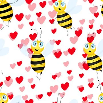 Seamless pattern with bees and hearts on white background. Small wasp. Vector Stock Illustration