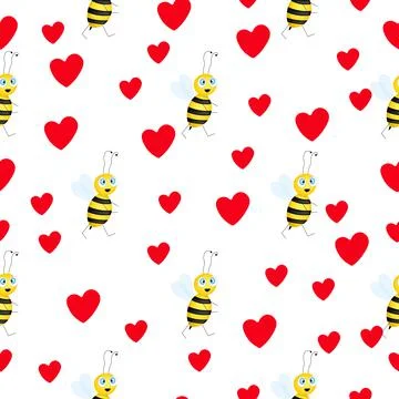 Seamless pattern with bees and hearts on white background. Small wasp. Vector イラスト素材