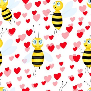Seamless pattern with bees and hearts on white background. Small wasp. Vector Stock Illustration