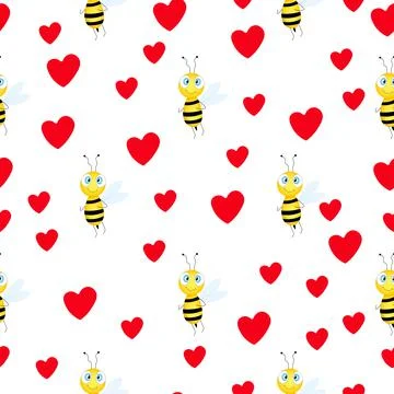 Seamless pattern with bees and hearts on white background. Small wasp. Vector イラスト素材