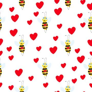 Seamless pattern with bees and hearts on white background. Small wasp. Vector Illustrazione stock