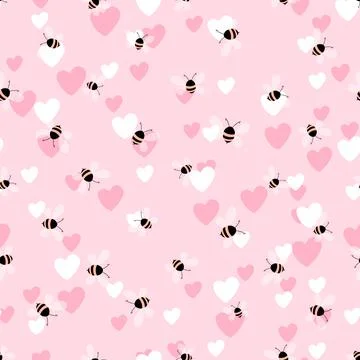 Seamless pattern with bees and hearts on color background. Small wasp. Vector イラスト素材