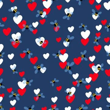 Seamless pattern with bees and hearts on color background. Small wasp. Vector Stock Illustration