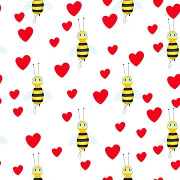 Seamless pattern with bees and hearts on white background. Small wasp. Vector Stockillustratie