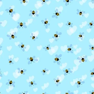 Seamless pattern with bees and hearts on color background. Small wasp. Vector Illustrazione stock