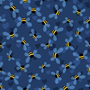 Seamless pattern with bees and hearts on color background. Small wasp. Vector Illustrazione stock