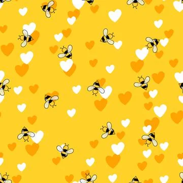 Seamless pattern with bees and hearts on color background. Small wasp. Vector イラスト素材