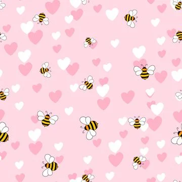 Seamless pattern with bees and hearts on color background. Small wasp. Vector Stock Illustration