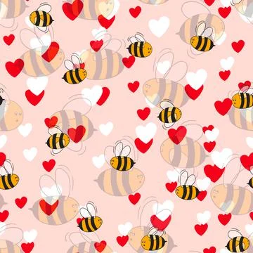 Seamless pattern with bees and hearts on color background. Small wasp. Vector Stock Illustration