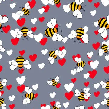 Seamless pattern with bees and hearts on color background. Small wasp. Vector Illustrazione stock