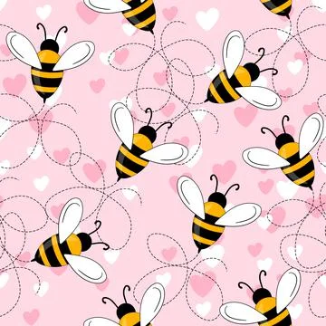 Seamless pattern with bees and hearts on color background. Small wasp. Vector Stock Illustration