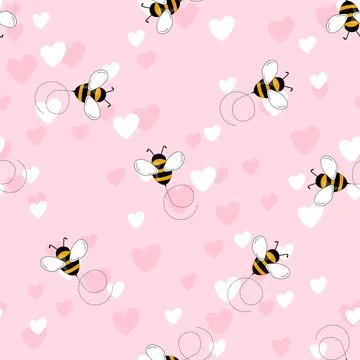 Seamless pattern with bees and hearts on color background. Small wasp. Vector 库存插图
