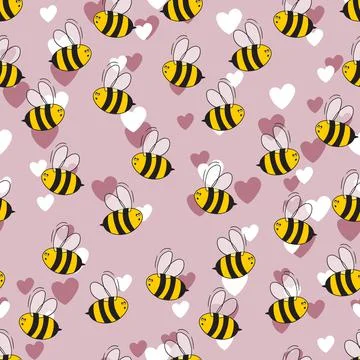 Seamless pattern with bees and hearts on color background. Small wasp. Vector Stock Illustration