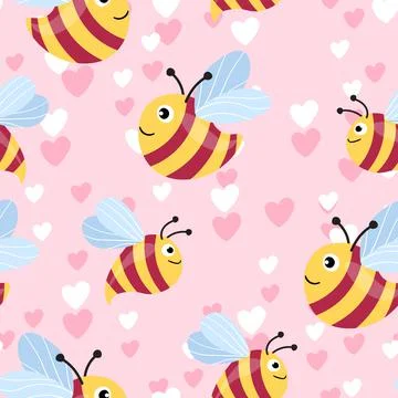 Seamless pattern with bees and hearts on color background. Small wasp. Vector Stock Illustration