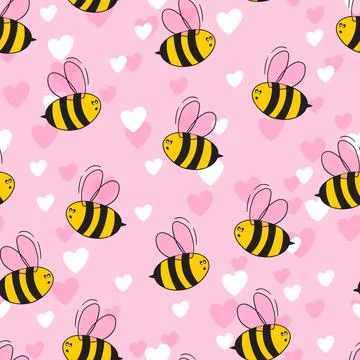 Seamless pattern with bees and hearts on color background. Small wasp. Vector Illustrazione stock