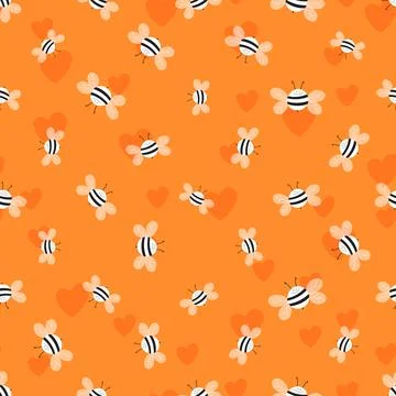 Seamless pattern with bees and hearts on color background. Small wasp. Vector イラスト素材