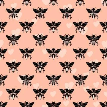Seamless pattern with bees and hearts on color background. Small wasp. Vector イラスト素材