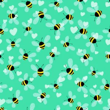 Seamless pattern with bees and hearts on color background. Small wasp. Vector Stock Illustration