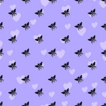 Seamless pattern with bees and hearts on color background. Small wasp. Vector イラスト素材