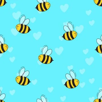 Seamless pattern with bees and hearts on color background. Small wasp. Vector Illustrazione stock
