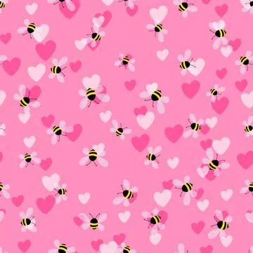 Seamless pattern with bees and hearts on color background. Small wasp. Vector イラスト素材