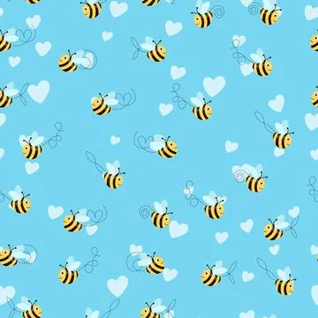 Seamless pattern with bees and hearts on color background. Small wasp. Vector Illustrazione stock