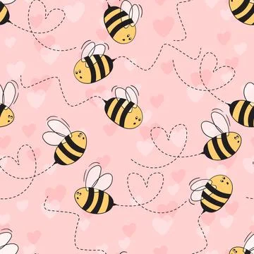 Seamless pattern with bees and hearts on color background. Small wasp. Vector Illustrazione stock