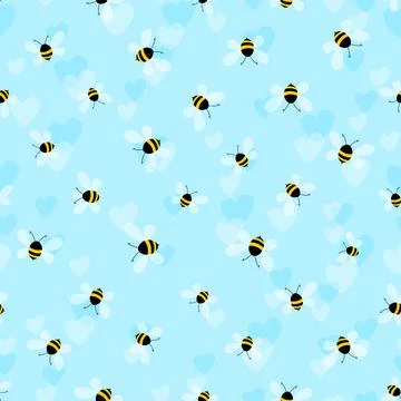 Seamless pattern with bees and hearts on color background. Small wasp. Vector Illustrazione stock