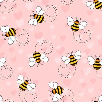 Seamless pattern with bees and hearts on color background. Small wasp. Vector Stock Illustration