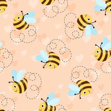 Seamless pattern with bees and hearts on color background. Small wasp. Vector Stock Illustration