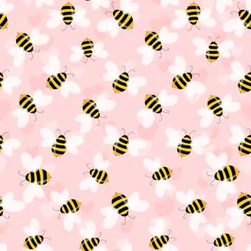 Seamless pattern with bees and hearts on color background. Small wasp. Vector イラスト素材