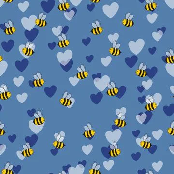 Seamless pattern with bees and hearts on color background. Small wasp. Vector Illustrazione stock