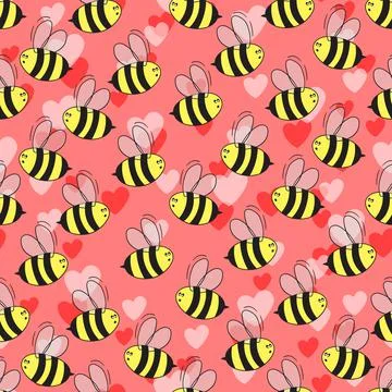 Seamless pattern with bees and hearts on color background. Small wasp. Vector イラスト素材