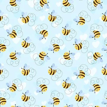 Seamless pattern with bees and hearts on color background. Small wasp. Vector Stock Illustration