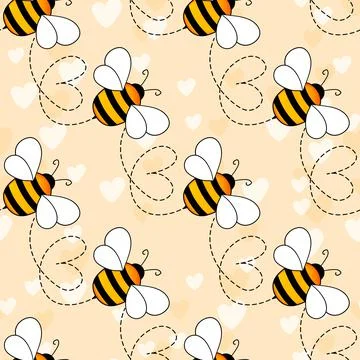Seamless pattern with bees and hearts on color background. Small wasp. Vector Stock Illustration