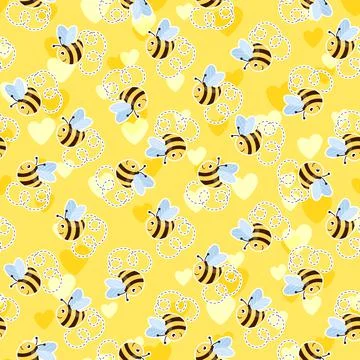 Seamless pattern with bees and hearts on color background. Small wasp. Vector Illustrazione stock