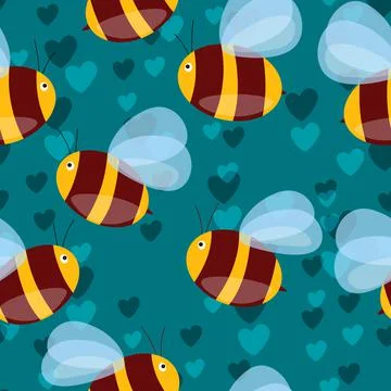 Seamless pattern with bees and hearts on color background. Small wasp. Vector Stock Illustration