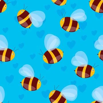 Seamless pattern with bees and hearts on color background. Small wasp. Vector Stock Illustration
