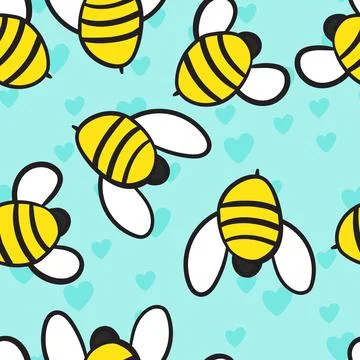 Seamless pattern with bees and hearts on color background. Small wasp. Vector 库存插图