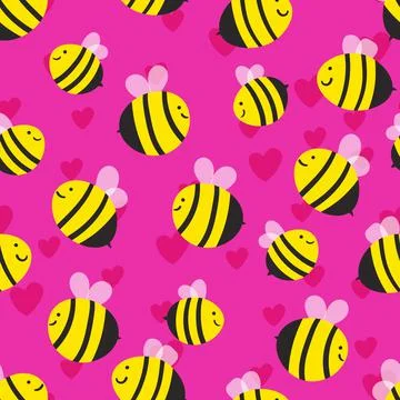 Seamless pattern with bees and hearts on color background. Small wasp. Vector Stock Illustration