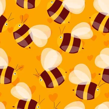 Seamless pattern with bees and hearts on color background. Small wasp. Vector Stock Illustration