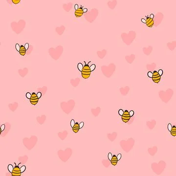 Seamless pattern with bees and hearts on color background. Small wasp. Vector Illustrazione stock