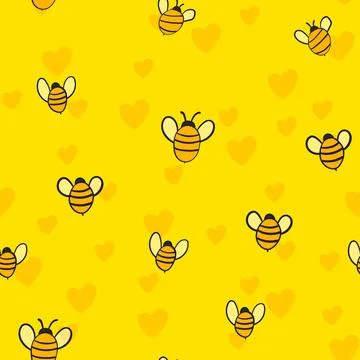Seamless pattern with bees and hearts on color background. Small wasp. Vector Illustrazione stock