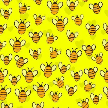 Seamless pattern with bees and hearts on color background. Small wasp. Vector Illustrazione stock