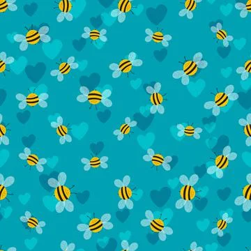 Seamless pattern with bees and hearts on color background. Small wasp. Vector Stockillustratie