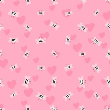 Seamless pattern with bees and hearts on color background. Small wasp. Vector Illustrazione stock